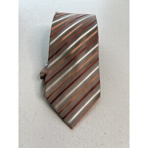 Geoffrey Beene Hand Made Gray with Red, Orange and White Striped Designer Tie